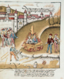The burning of the knight Richard Puller von Hohenburg with his servant before the walls of Zürich, for sodomy, 1482