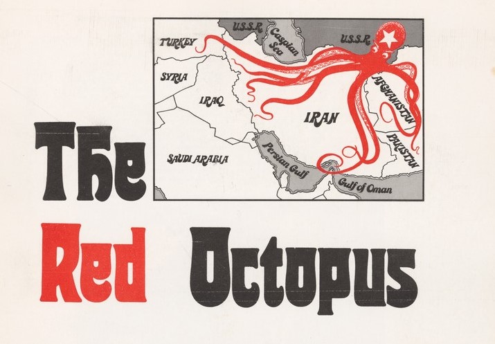 Red octopus reaching over Iran