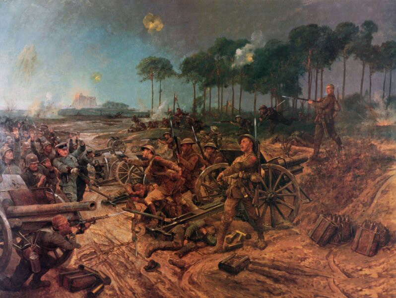 The 2nd Manchesters capturing a German battery at Francilly Selency, April 1917 by Richard Woodville