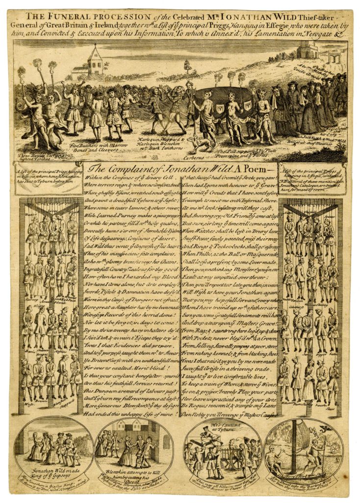 Early 18th century satire on the execution of thief-taker Jonathan Wild, illustrated by gallows and a devilish funeral procession.