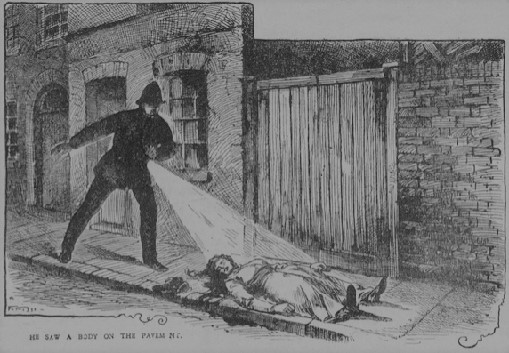 Illustration of discovery of the first Jack the Ripper victim, as published Famous Crimes Past and Present, 1903