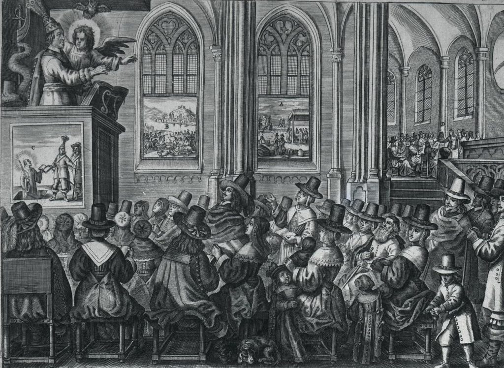 Dutch engraving satireosing on Oliver Cromwell's role in the church, 1651.