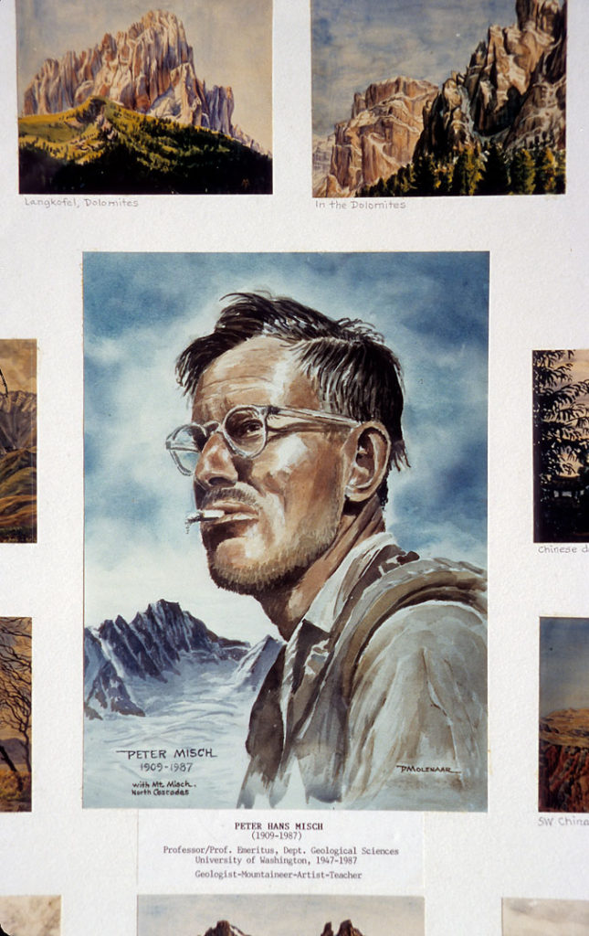 Painting of Peter Misch by D. Molenaar surrounded by some of Peter Misch's paintings, displayed at the Department of Geological Sciences (now Earth and Space Sciences), University of Washington