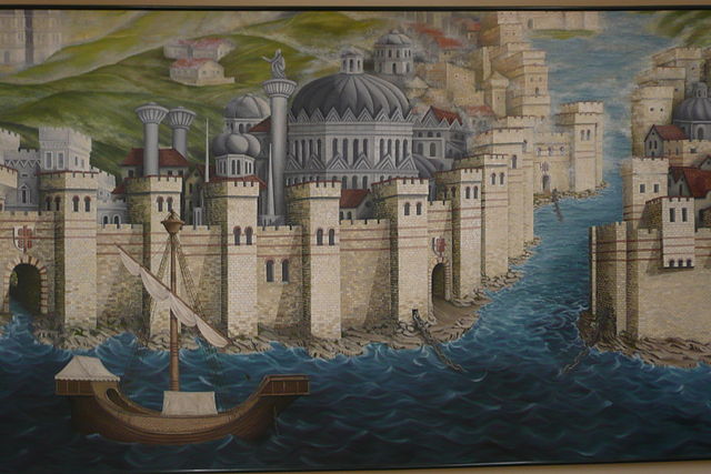 A mural in the Istanbul Archaeology Museums depicting the walls of the Byzantine capital in the 14-15th centuries..