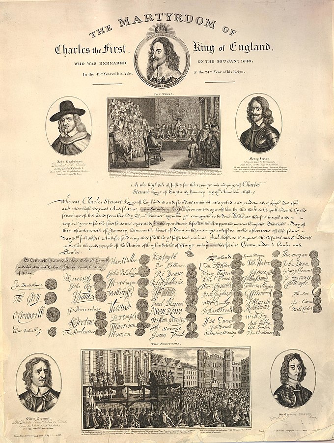A broadside of 1829 commemorating the martyrdom of Charles I includes portraits of those responsible, the scenes of the trial and execution, and a reproduction of the death warrant.