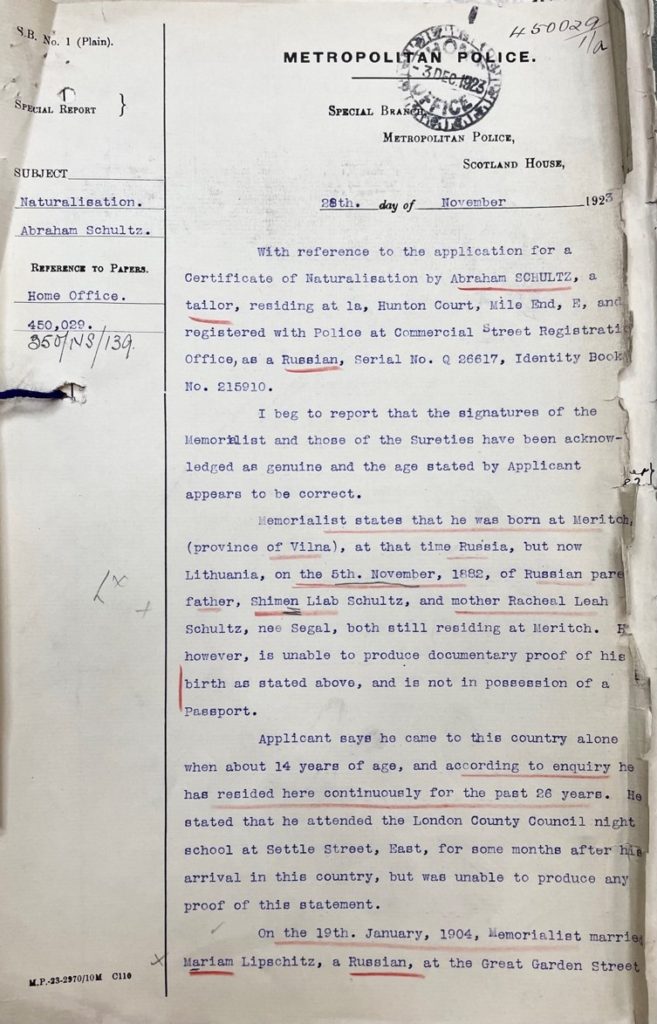 Extract from Abraham Schultz’s application for Certificate of Naturalisation, 1923
