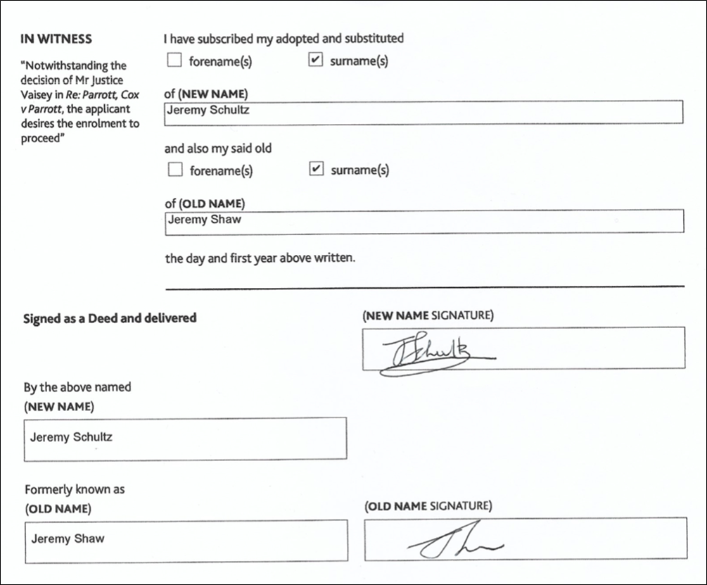 Excerpt from Jeremy Schultz’s Deed Poll, 2021