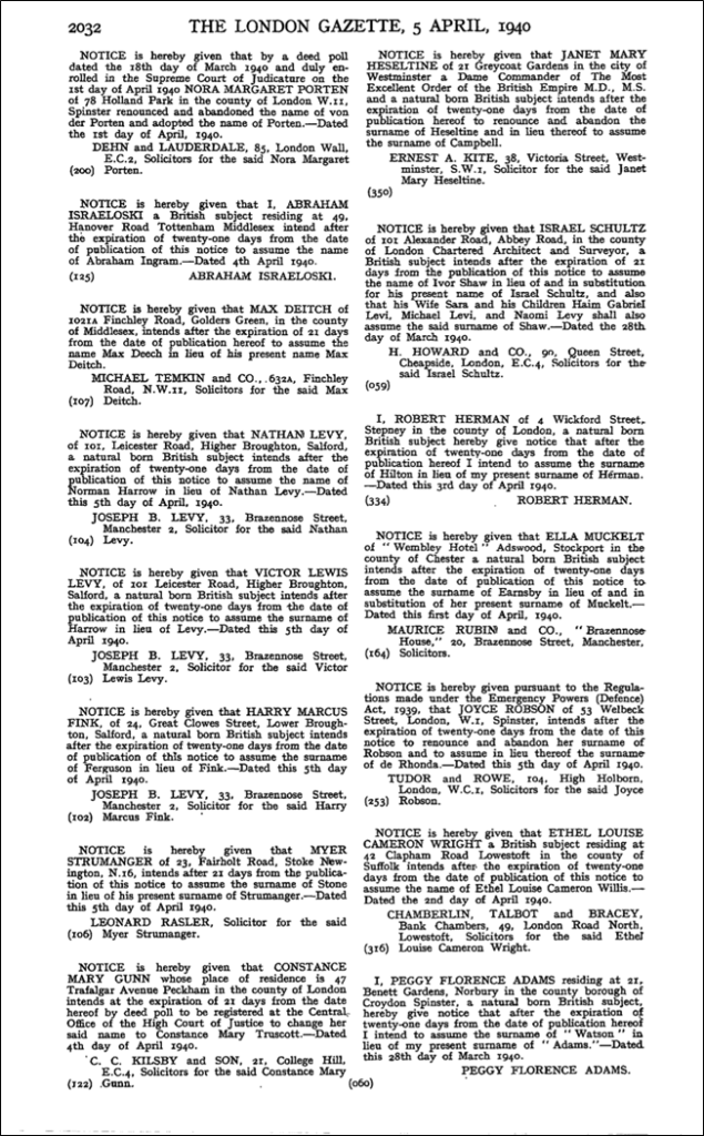 Page from the London Gazette, April 1940.