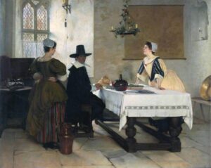 Between Two Fires, Francis Davis Millet (1846–1912), Tate shows puritans around a table.