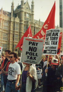 Poll tax protestors marching.