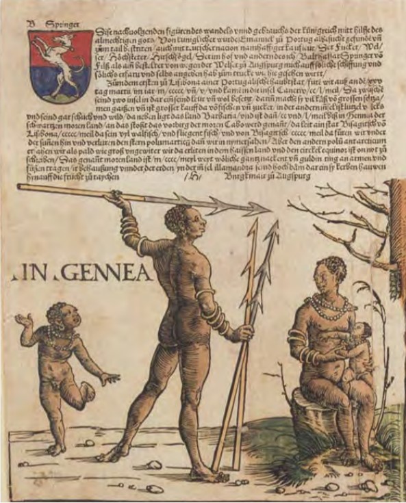 Illustration from Burgkmair, Natives of Guinea and Algoa, 1508 showing Africans wearing manillas.