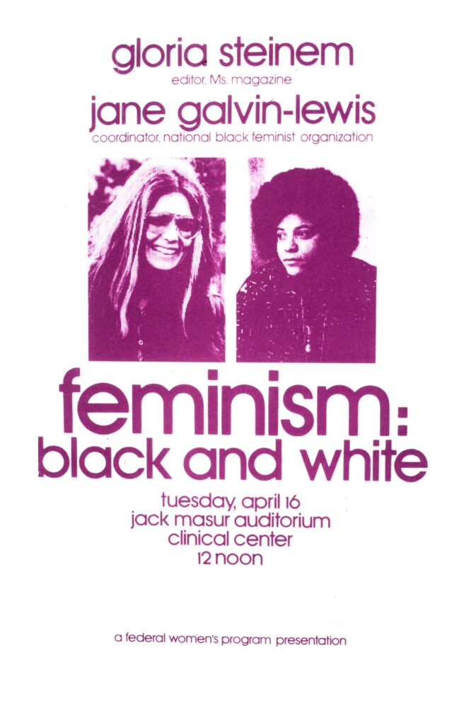 Poster advertising a debate between Gloria Steinem and Jane Galvin-Lewis