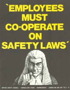 Safety poster, c.1979, courtesy British Safety Council, showing a judge pointing his finger at employers.