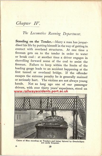 Page from a booklet, with text describing an accident, accompanied by a posed photograph, showing a fireman on top of a steam engine's tender as it was moving, about to be struck by a bridge.