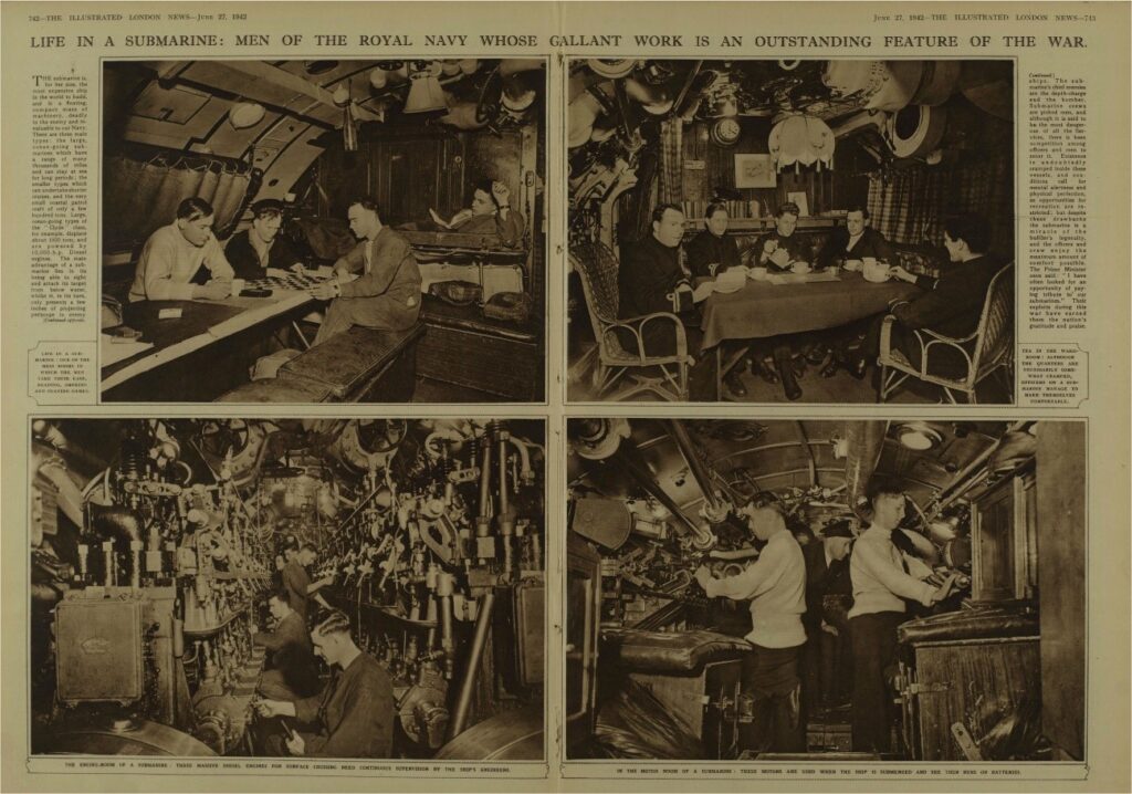 Four photographs: ‘Life in a Submarine: Men of the Royal Navy Whose Gallant Work is an Outstanding Feature of the War’, 27 June 1942, Illustrated London News. Used with permission of the Mary Evans Picture Library.