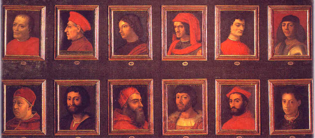 Painting of the Medici family from the workshop of Bronzino, is in the Uffizi Gallery in Florence.