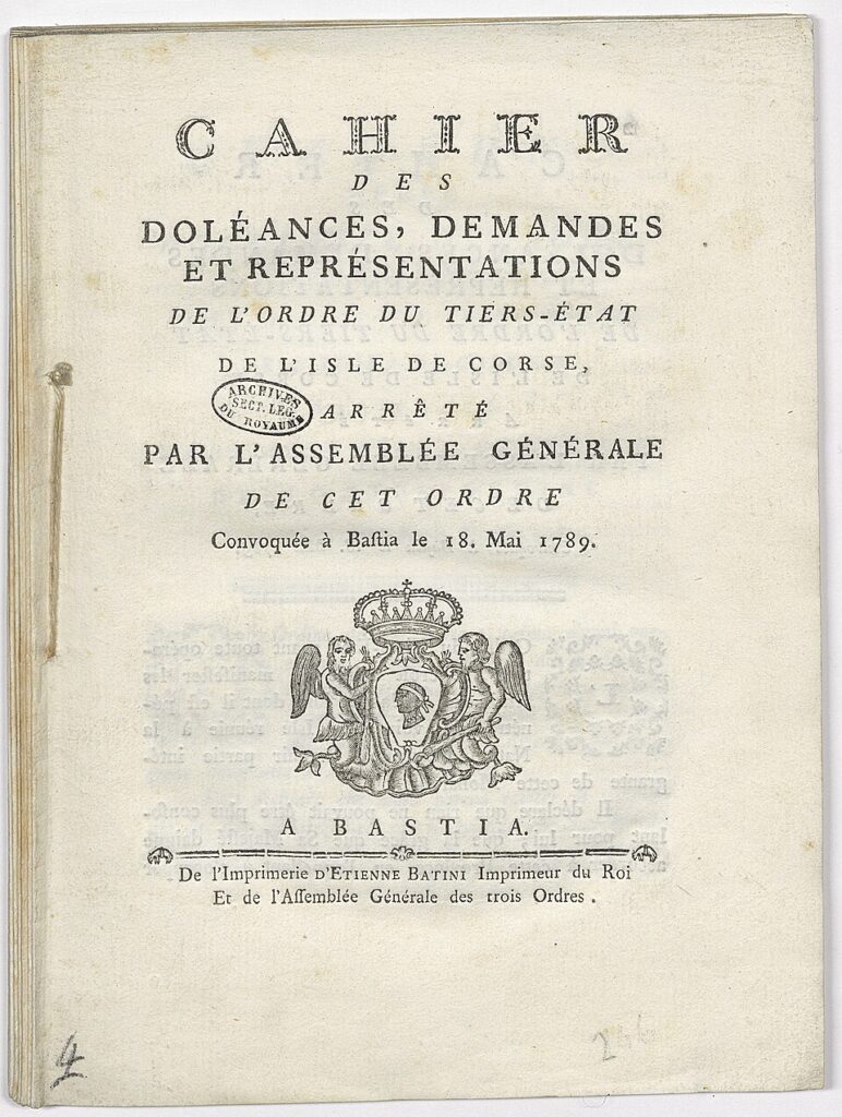 Cahier des doléances for the Island of Corsica, Archives Nationale, France, 1789
