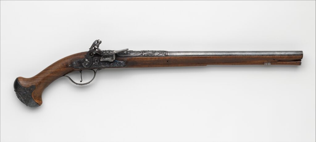 Full photograph of the 17th century Belgian pistol whose detail is shown above.
