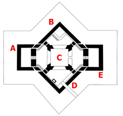 The castle from a 1577 plan; A - east gun platform; B - south bastion; C - keep; D - north bastion and bridge; E - west gun platform