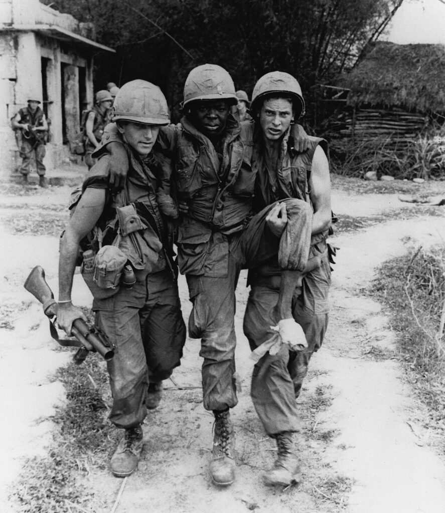 This photo shows American soldiers in Vietnam, probaly taken on March 16, 1968, by official Army photographer Ron Haeberle during the events at My Lai, part of photographic evidence documenting the My Lai massacre, where between 347 and 504 unarmed civilians were killed.Haeberle was an official Army photographer traveling with Charlie Company into the My Lai region.