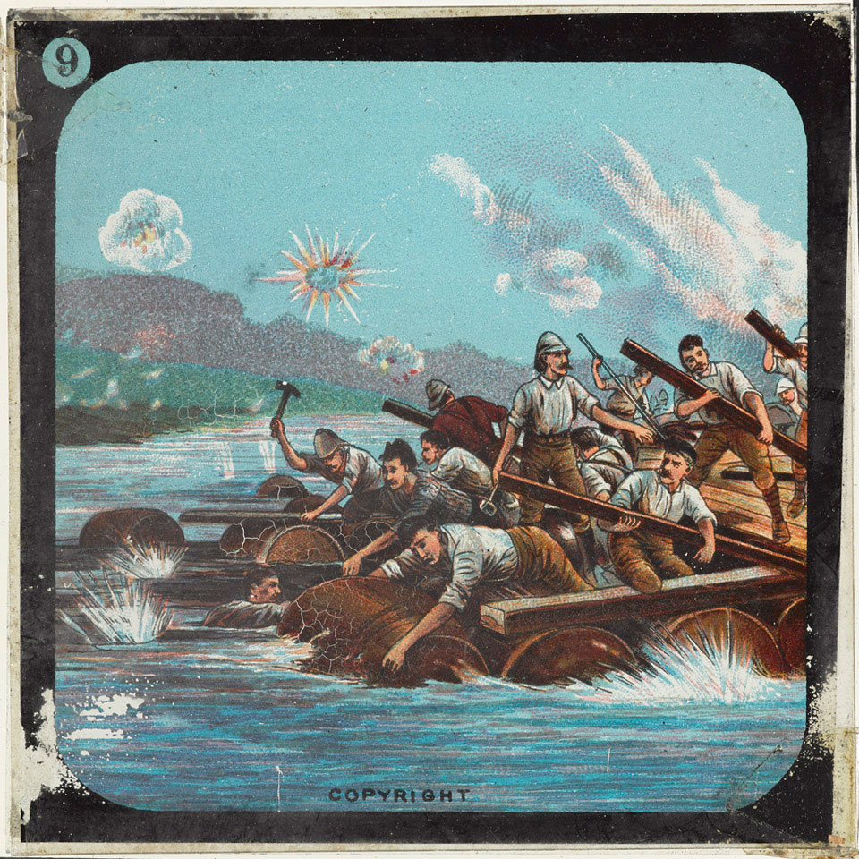 British soldiers building a pontoon bridge during the siege of Ladysmith, Lantern Slide, 1900, National Army Museum, NAM. 1998-07-27-12