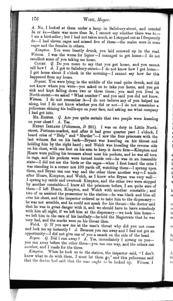 Extract of Trial Record in The Old Bailey Proceedings for charge of Violent Theft againstMICHAEL WELCH, CHARLES KIMPTON, THOMAS HOARE, WILLIAM BRYAN. 13th December 1858. Last accessed 25th July 2026. https://www.oldbaileyonline.org/record/t18581213-116?text=garotte.