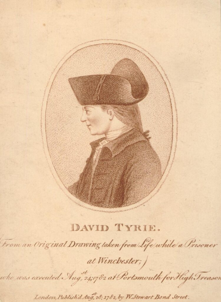 An engraving of David Tyrie, the last person in Britain hanged, drawn and quartered in Portsmouth in 1782. Source: British Museum.
