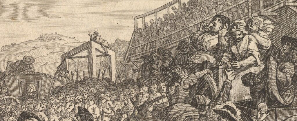 The crowd enjoying themselves at Tyburn. Detail from William Hogarth's Idle 'prentice executed at Tyburn, from his Industry and Idleness series of prints, published in 1647.