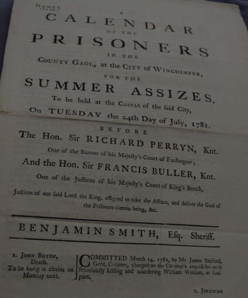List of criminals tried at the assizes at Winchester on the 24 July 1781. John Bryen is condemned to be hanged for murder and his body will be gibbeted afterwards. 